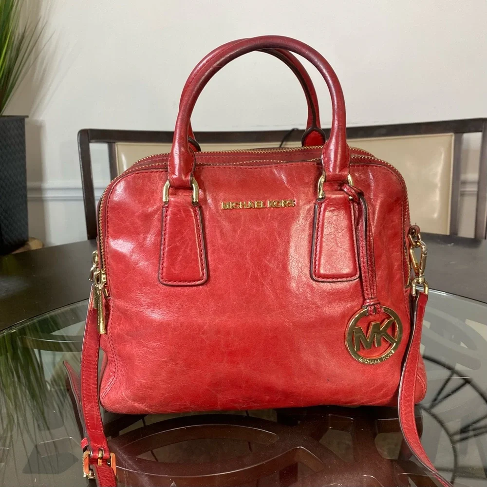 Michael Kors Alexis Medium Leather Satchel Caramel Red